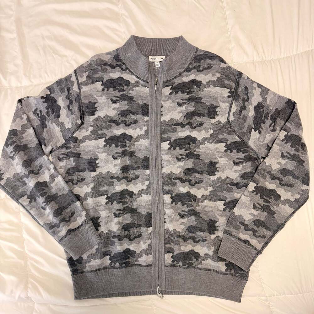 Peter Millar Gray Camo Merino Wool Full Zip Sweater XL